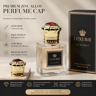 شراء غطاء عطر ذو شكل تاج فاخر من سبيكة الزنك المزخرف المزخرف المزخرف الأحمر الحجر الأبيض الأحمر الشعار المخصص المصفوف بالذهب الزماك المعدن غطاء زجاجة العطر OEM عالية الجودة غطاء زجاجة العطور المغناطيسي تصنيع عبر الإنترنت