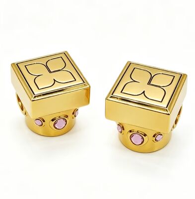 Zinc Alloy Gold Plated Perfume Cap with Pink Crystal Accents, Clover Engraved Square Top