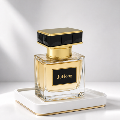 غطاء عطر مستطيل فاخر أسود مصقول من الزاماك FEA15، مزين بطلاء ذهبي من سبائك الزنك