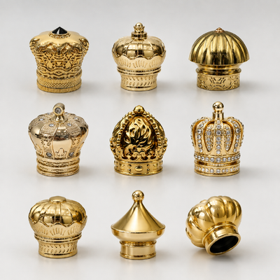 تاج مزين بالذهب متعدد الأساليب غطاء عطر زماك ، ديكور الحجر الرفيع النحت الملكي معدن عطر إغلاق شعار مخصص لقناني العطور العربية الفاخرة