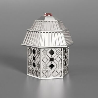 Luxury Pavilion House Style Zamac Perfume Cap Hexagon Hollow Lattice Carving With Inlaid Pink Gem FEA15 Mouth Zinc Alloy Perfume Cover Light Gold Plating Custom Logo Source Factory