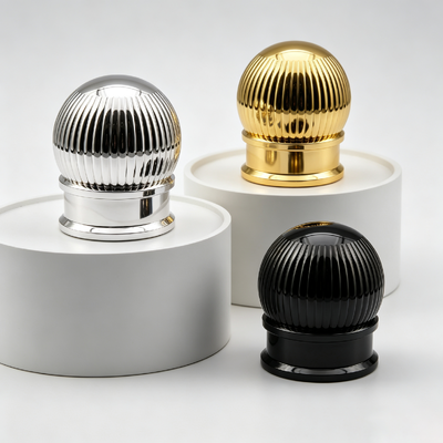 FEA15 Zamac Perfume Cap Vertical Ribbed Spherical Top Electroplated Globe Shape Metal Perfume Bottle Lid Custom Logo OEM ODM Zinc Alloy Parfume Lid