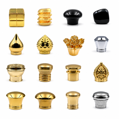 كوبات العطور الفاخرة Zamac FEA15 أشكال مختلفة التاج قطرة دموع مربع سبيكة الزنك عطر الزجاجة غطاء شعار مخصص مكهرب الذهب الفضة الأسود OEM ODM
