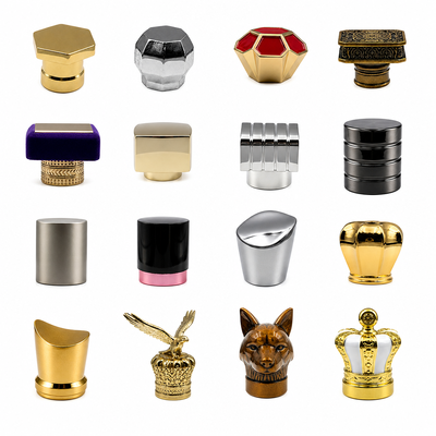 غطاء عطر من سبائك الزنك FEA15 متعدد الأنماط برأس حيوان وتاج سداسي من الزاماك، غطاء زجاجة عطر بشعار مطلي بالكهرباء حسب الطلب